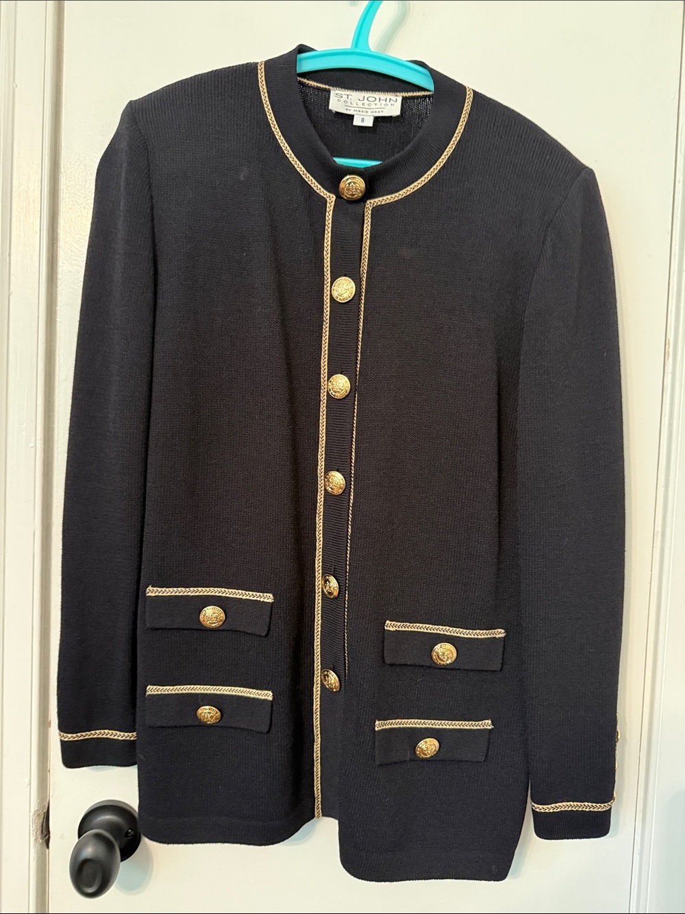 St. John Black Knit Jacket with Gold Trim and Buttons